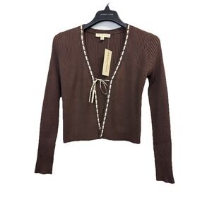 Thirty/Thirty Ribbed Knit Tie Front Cardigan Sweater Top Sz M Brown Ribbon Trim